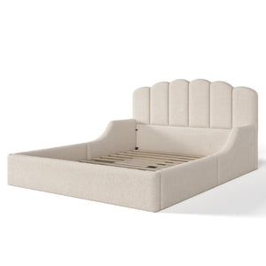 English Elm Queen Scalloped Headboard Plush Upholstered Floor Bed Soft Frame for Kids Teens Beige Teddy W5305S00196
