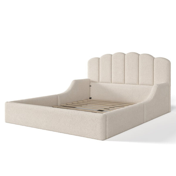 English Elm Queen Scalloped Headboard Plush Upholstered Floor Bed Soft Frame for Kids Teens Beige Teddy W5305S00196