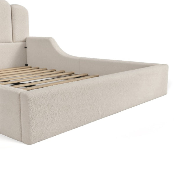 English Elm Queen Scalloped Headboard Plush Upholstered Floor Bed Soft Frame for Kids Teens Beige Teddy W5305S00196