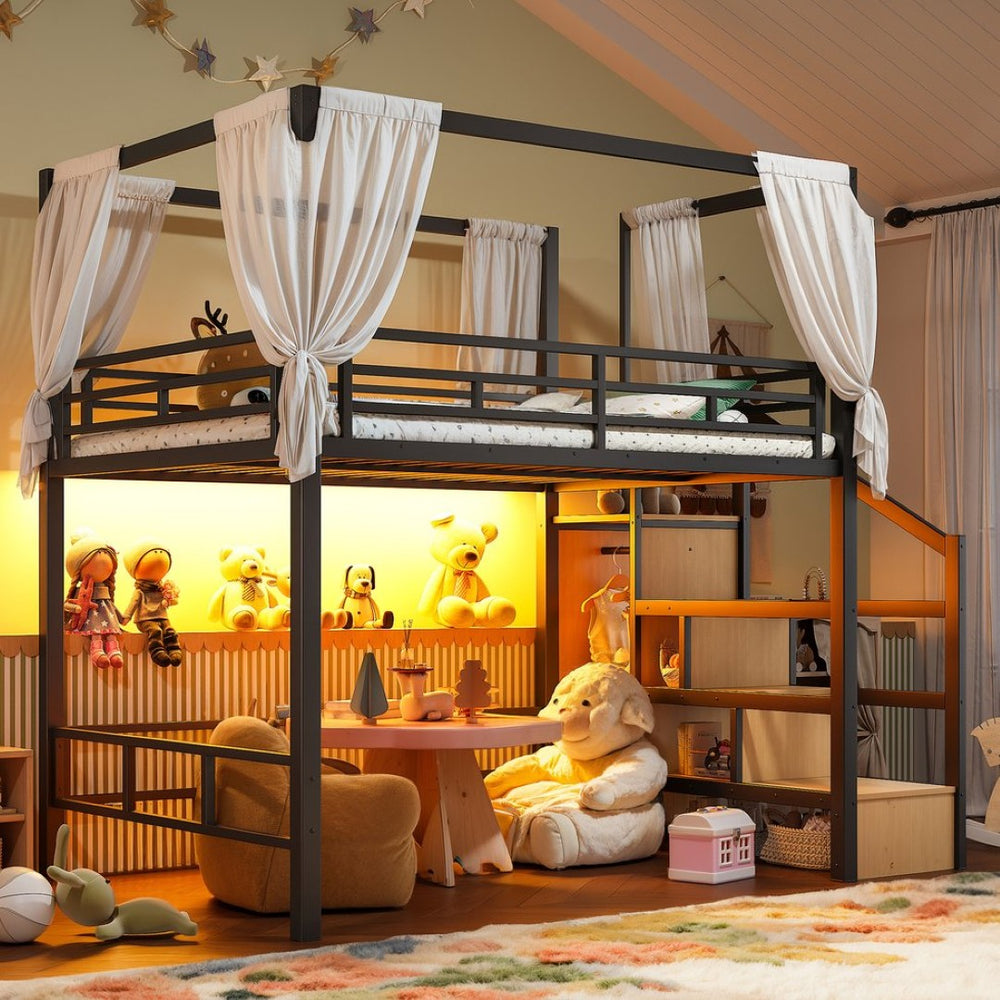 English Elm Full Metal Loft Bed with Canopy Frame Stair Drawers Wardrobe and Led Lighting W5305S00197