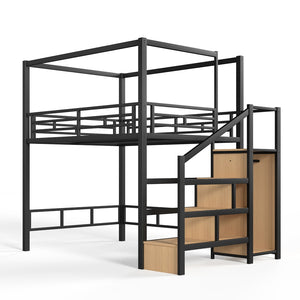 English Elm Full Metal Loft Bed with Canopy Frame Stair Drawers Wardrobe and Led Lighting W5305S00197