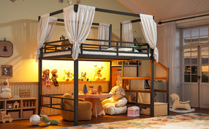 English Elm Full Metal Loft Bed with Canopy Frame Stair Drawers Wardrobe and Led Lighting W5305S00197