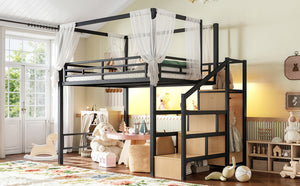 English Elm Full Metal Loft Bed with Canopy Frame Stair Drawers Wardrobe and Led Lighting W5305S00197