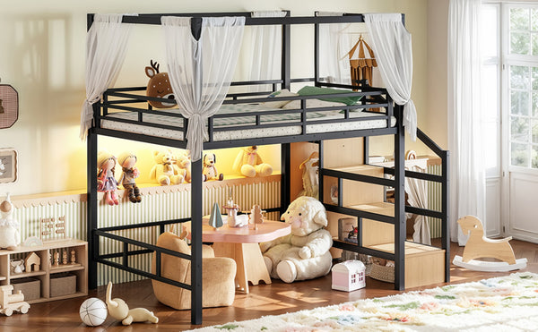 English Elm Full Metal Loft Bed with Canopy Frame Stair Drawers Wardrobe and Led Lighting W5305S00197