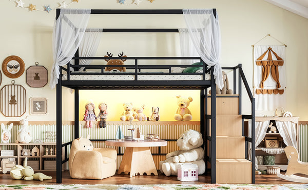 English Elm Full Metal Loft Bed with Canopy Frame Stair Drawers Wardrobe and Led Lighting W5305S00197