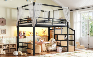 English Elm Full Metal Loft Bed with Canopy Frame Stair Drawers Wardrobe and Led Lighting W5305S00197