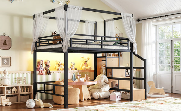 English Elm Full Metal Loft Bed with Canopy Frame Stair Drawers Wardrobe and Led Lighting W5305S00197