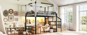 English Elm Full Metal Loft Bed with Canopy Frame Stair Drawers Wardrobe and Led Lighting W5305S00197