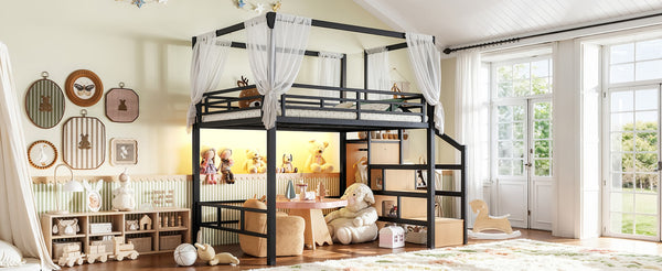 English Elm Full Metal Loft Bed with Canopy Frame Stair Drawers Wardrobe and Led Lighting W5305S00197