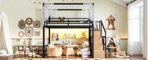 English Elm Full Metal Loft Bed with Canopy Frame Stair Drawers Wardrobe and Led Lighting W5305S00197