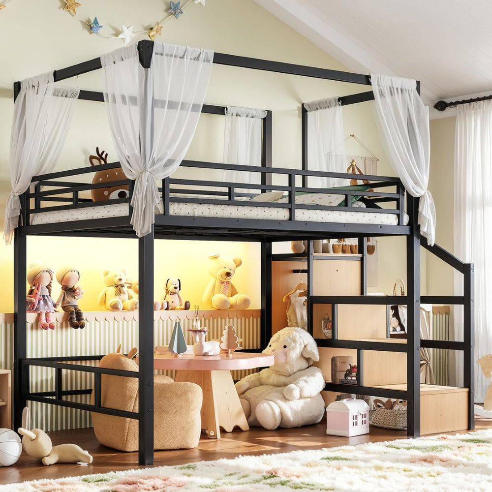 English Elm Full Metal Loft Bed with Canopy Frame Stair Drawers Wardrobe and Led Lighting W5305S00197