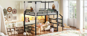 English Elm Full Metal Loft Bed with Canopy Frame Stair Drawers Wardrobe and Led Lighting W5305S00197