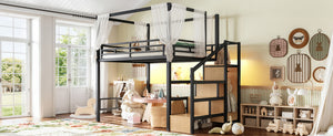 English Elm Full Metal Loft Bed with Canopy Frame Stair Drawers Wardrobe and Led Lighting W5305S00197