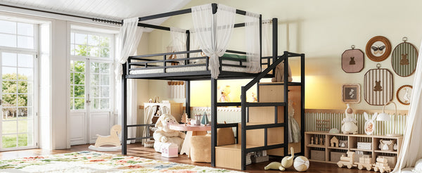 English Elm Full Metal Loft Bed with Canopy Frame Stair Drawers Wardrobe and Led Lighting W5305S00197
