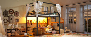 English Elm Full Metal Loft Bed with Canopy Frame Stair Drawers Wardrobe and Led Lighting W5305S00197