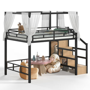English Elm Full Metal Loft Bed with Canopy Frame Stair Drawers Wardrobe and Led Lighting W5305S00197