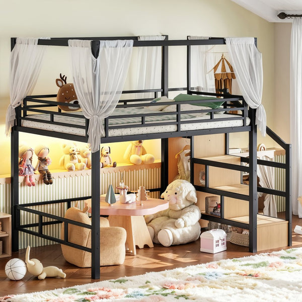 English Elm Full Metal Loft Bed with Canopy Frame Stair Drawers Wardrobe and Led Lighting W5305S00197