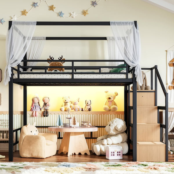 English Elm Full Metal Loft Bed with Canopy Frame Stair Drawers Wardrobe and Led Lighting W5305S00197
