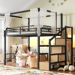 English Elm Full Metal Loft Bed with Canopy Frame Stair Drawers Wardrobe and Led Lighting W5305S00197