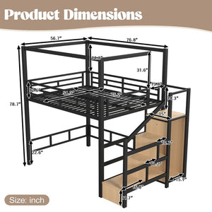 English Elm Full Metal Loft Bed with Canopy Frame Stair Drawers Wardrobe and Led Lighting W5305S00197