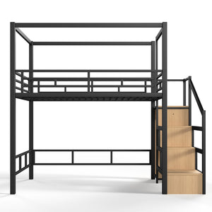 English Elm Full Metal Loft Bed with Canopy Frame Stair Drawers Wardrobe and Led Lighting W5305S00197
