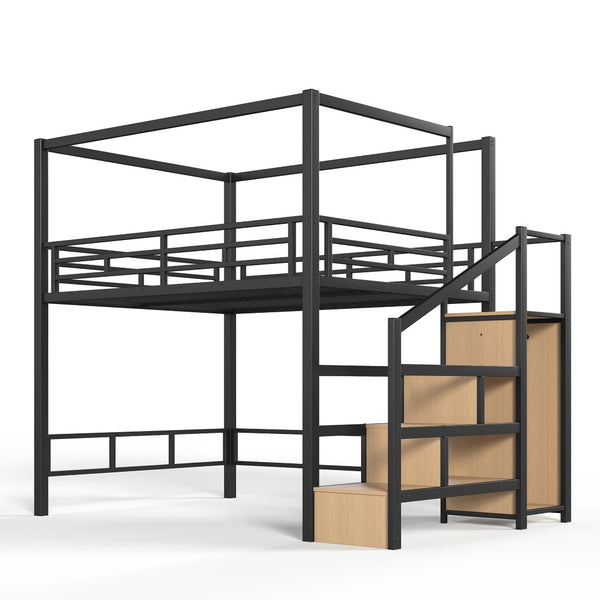 English Elm Queen Metal Loft Canopy Bed with Wardrobe Stair Storage and Open Underbed Living W5305S00198