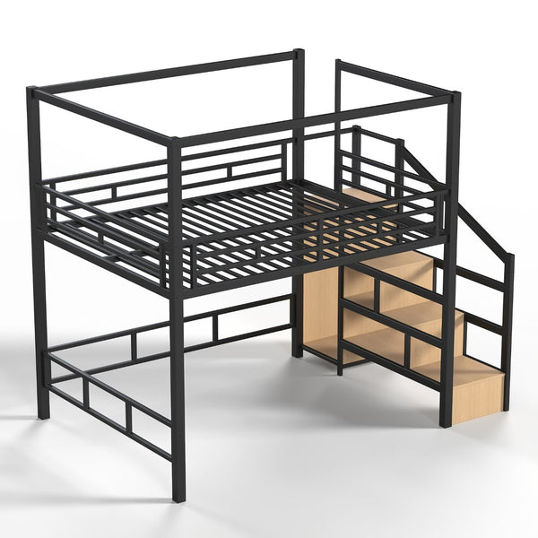 English Elm Queen Metal Loft Canopy Bed with Wardrobe Stair Storage and Open Underbed Living W5305S00198