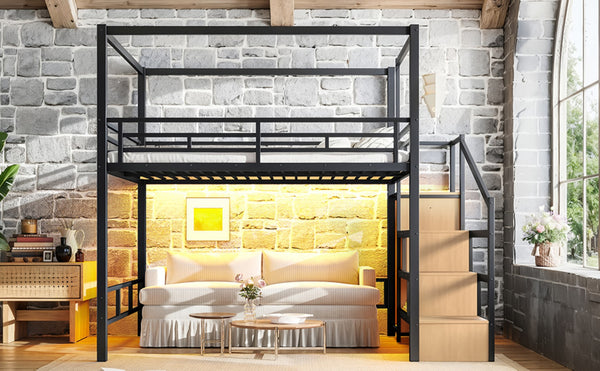 English Elm Queen Metal Loft Canopy Bed with Wardrobe Stair Storage and Open Underbed Living W5305S00198