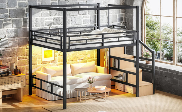 English Elm Queen Metal Loft Canopy Bed with Wardrobe Stair Storage and Open Underbed Living W5305S00198