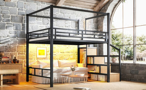 English Elm Queen Metal Loft Canopy Bed with Wardrobe Stair Storage and Open Underbed Living W5305S00198
