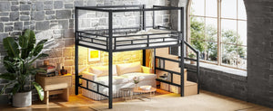 English Elm Queen Metal Loft Canopy Bed with Wardrobe Stair Storage and Open Underbed Living W5305S00198