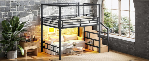 English Elm Queen Metal Loft Canopy Bed with Wardrobe Stair Storage and Open Underbed Living W5305S00198