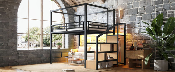 English Elm Queen Metal Loft Canopy Bed with Wardrobe Stair Storage and Open Underbed Living W5305S00198