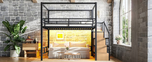 English Elm Queen Metal Loft Canopy Bed with Wardrobe Stair Storage and Open Underbed Living W5305S00198