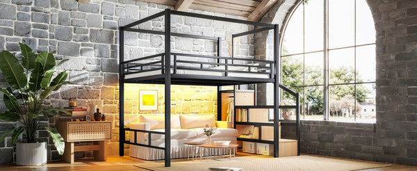 English Elm Queen Metal Loft Canopy Bed with Wardrobe Stair Storage and Open Underbed Living W5305S00198