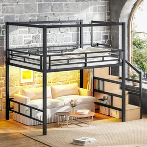English Elm Queen Metal Loft Canopy Bed with Wardrobe Stair Storage and Open Underbed Living W5305S00198