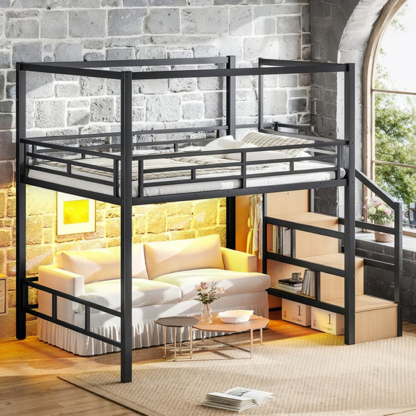 English Elm Queen Metal Loft Canopy Bed with Wardrobe Stair Storage and Open Underbed Living W5305S00198