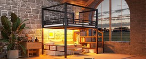 English Elm Queen Metal Loft Canopy Bed with Wardrobe Stair Storage and Open Underbed Living W5305S00198
