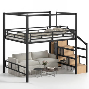 English Elm Queen Metal Loft Canopy Bed with Wardrobe Stair Storage and Open Underbed Living W5305S00198