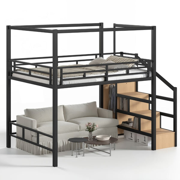 English Elm Queen Metal Loft Canopy Bed with Wardrobe Stair Storage and Open Underbed Living W5305S00198