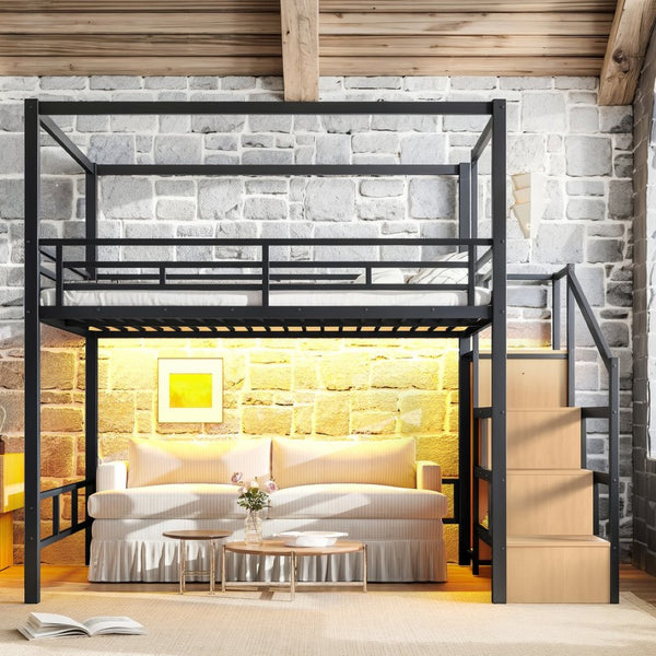 English Elm Queen Metal Loft Canopy Bed with Wardrobe Stair Storage and Open Underbed Living W5305S00198