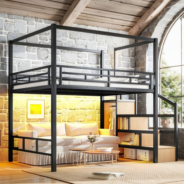 English Elm Queen Metal Loft Canopy Bed with Wardrobe Stair Storage and Open Underbed Living W5305S00198
