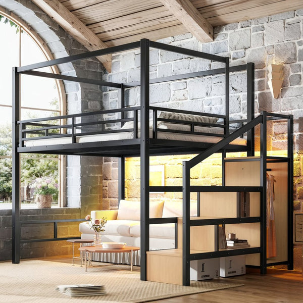 English Elm Queen Metal Loft Canopy Bed with Wardrobe Stair Storage and Open Underbed Living W5305S00198