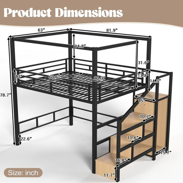English Elm Queen Metal Loft Canopy Bed with Wardrobe Stair Storage and Open Underbed Living W5305S00198