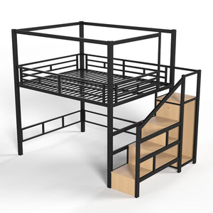 English Elm Queen Metal Loft Canopy Bed with Wardrobe Stair Storage and Open Underbed Living W5305S00198