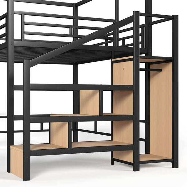 English Elm Queen Metal Loft Canopy Bed with Wardrobe Stair Storage and Open Underbed Living W5305S00198