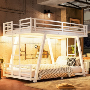 English Elm Twin XL Over XL Metal Bunk Bed Low Profile Dual Ladder LED White Frame W5305S00199
