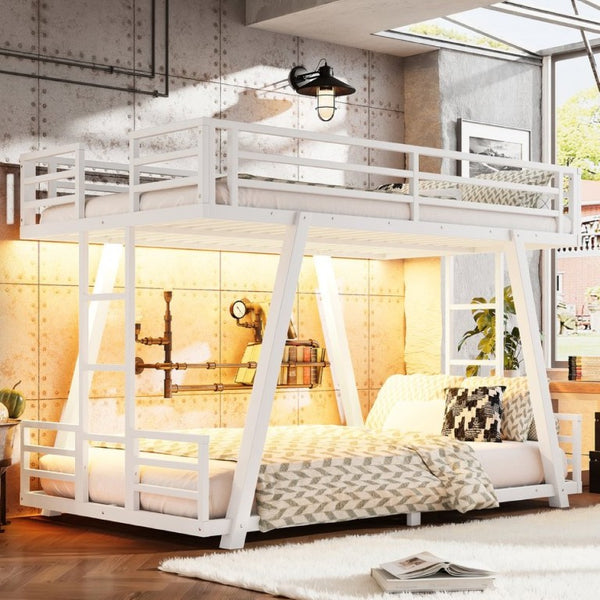 English Elm Twin XL Over XL Metal Bunk Bed Low Profile Dual Ladder LED White Frame W5305S00199