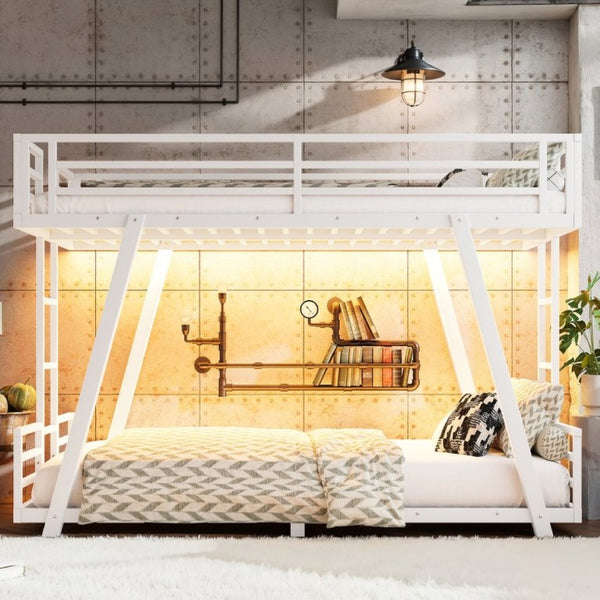English Elm Twin XL Over XL Metal Bunk Bed Low Profile Dual Ladder LED White Frame W5305S00199