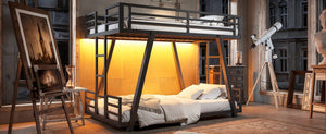 English Elm Twin Over Metal Bunk Bed with Dual Ladders LED Light and Reinforced Low Profile Frame W5305S00200